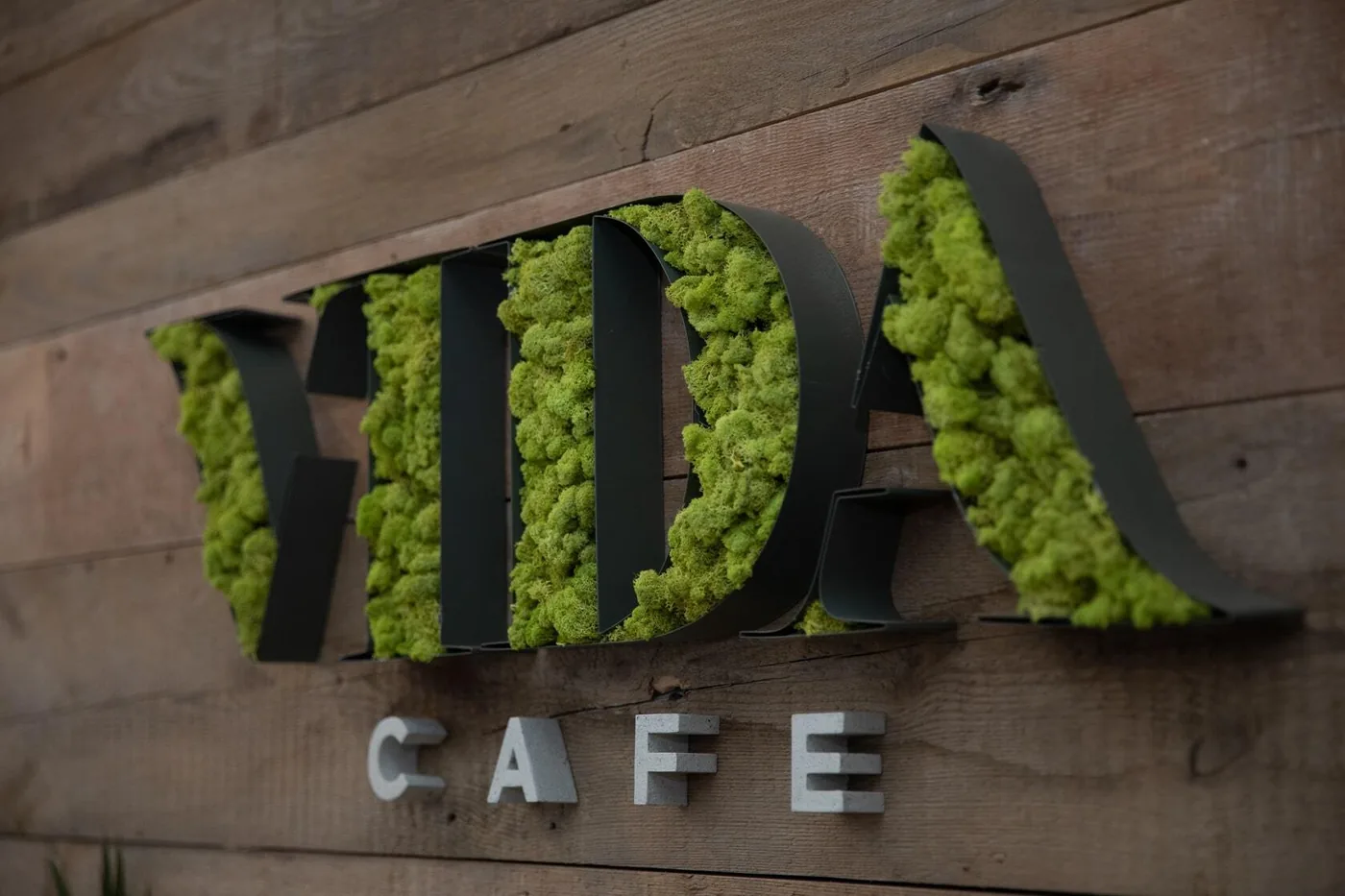 Вывеска VIDA CAFE: буквы из живого мха на старых досках